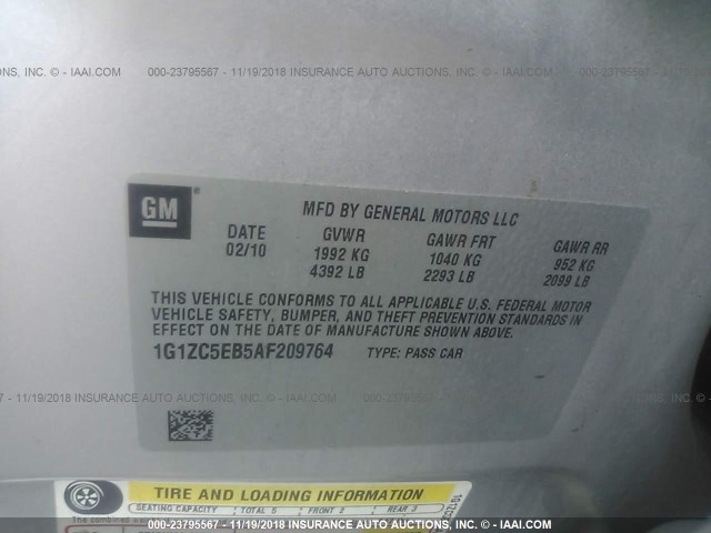 1G1ZC5EB5AF209764 - 2010 CHEVROLET MALIBU 1LT SILVER photo 9