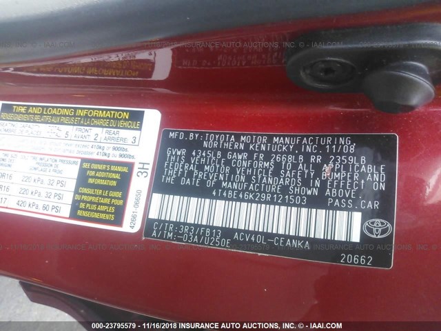 4T4BE46K29R121503 - 2009 TOYOTA CAMRY SE/LE/XLE RED photo 9