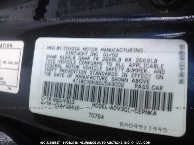 4T1BE32K82U543002 - 2002 TOYOTA CAMRY LE/XLE/SE BLUE photo 9