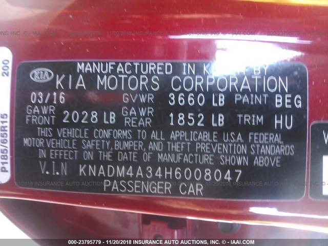 KNADM4A34H6008047 - 2017 KIA RIO LX RED photo 9