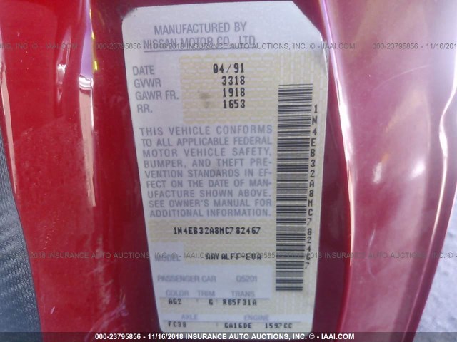 1N4EB32A8MC782467 - 1991 NISSAN SENTRA RED photo 9