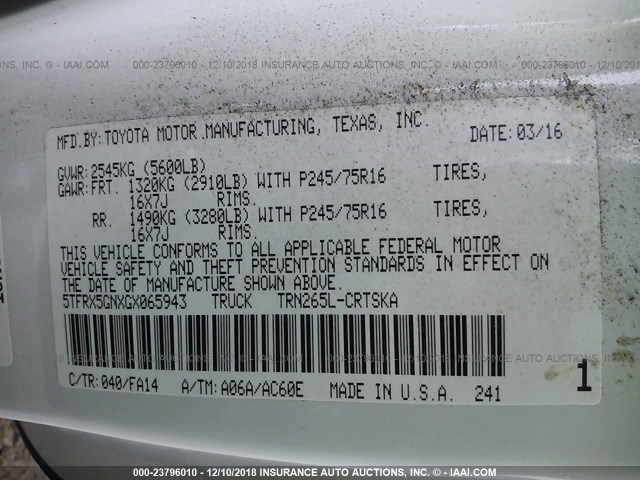 5TFRX5GNXGX065943 - 2016 TOYOTA TACOMA ACCESS CAB/SR/SR5 白色 照片 9