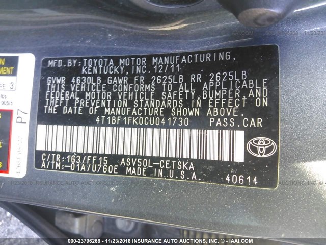 4T1BF1FK0CU041730 - 2012 TOYOTA CAMRY SE/LE/XLE GRAY photo 9