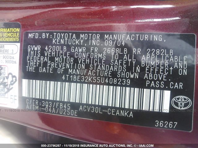 4T1BE32K55U408239 - 2005 TOYOTA CAMRY LE/XLE/SE RED photo 9