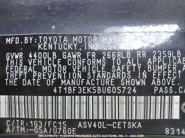 4T1BF3EK5BU605724 - 2011 TOYOTA CAMRY SE/LE/XLE GRAY photo 9