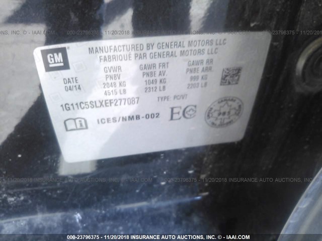 1G11C5SLXEF277087 - 2014 CHEVROLET MALIBU 1LT BLACK photo 9