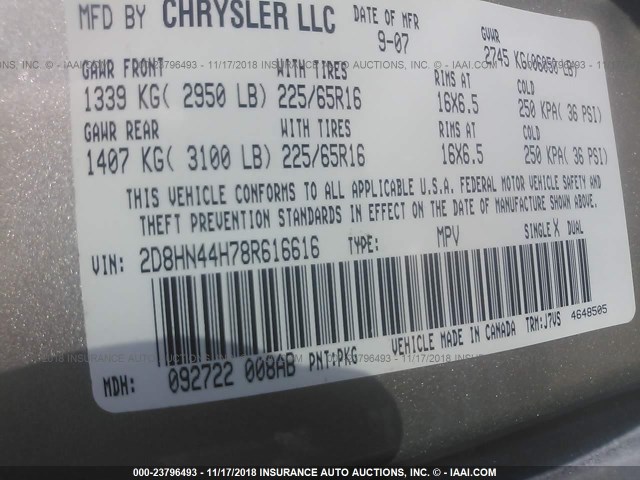 2D8HN44H78R616616 - 2008 DODGE GRAND CARAVAN SE Champagne photo 9