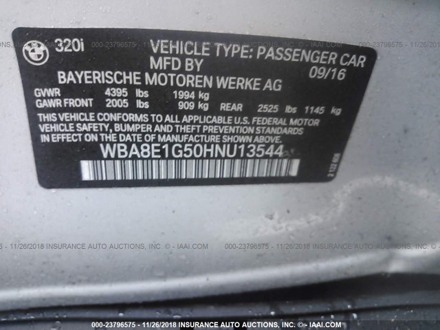 WBA8E1G50HNU13544 - 2017 BMW 320 I SILVER photo 9