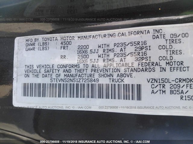 5TEVN52N51Z725849 - 2001 TOYOTA TACOMA XTRACAB S-RUNNER BLACK photo 9