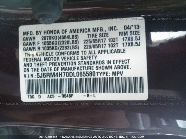 5J6RM4H70DL065580 - 2013 HONDA CR-V EXL MAROON photo 9