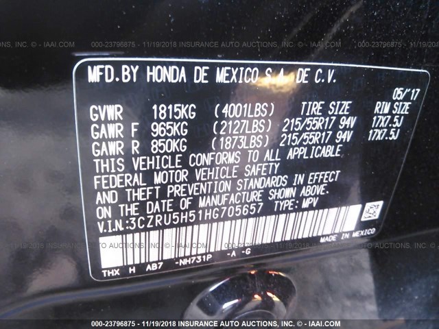 3CZRU5H51HG705657 - 2017 HONDA HR-V EX BLACK photo 9