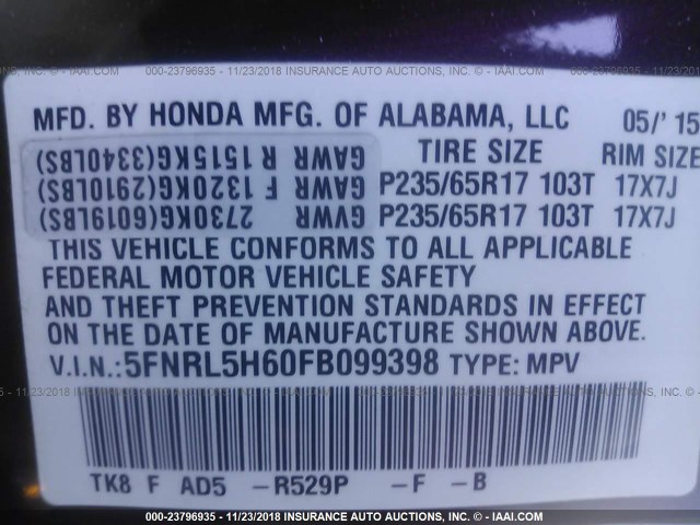 5FNRL5H60FB099398 - 2015 HONDA ODYSSEY EXL MAROON photo 9