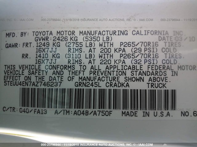 5TEUU4EN7AZ746237 - 2010 TOYOTA TACOMA ACCESS CAB თეთრი ფოტო 9
