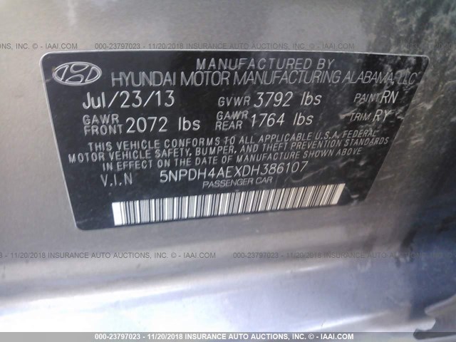 5NPDH4AEXDH386107 - 2013 HYUNDAI ELANTRA GLS/LIMITED GRAY photo 9