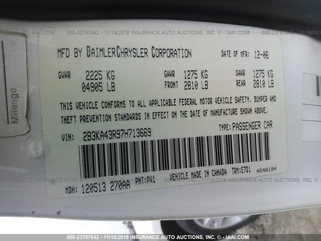 2B3KA43R97H713669 - 2007 DODGE CHARGER SE/SXT WHITE photo 9