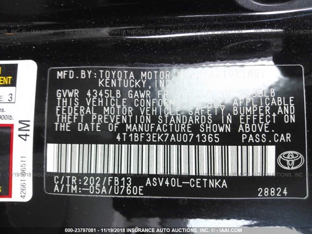 4T1BF3EK7AU071365 - 2010 TOYOTA CAMRY SE/LE/XLE BLACK photo 9