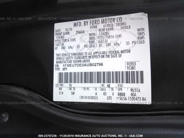 1FMEU7DE0AUB02798 - 2010 FORD EXPLORER XLT GRAY photo 9