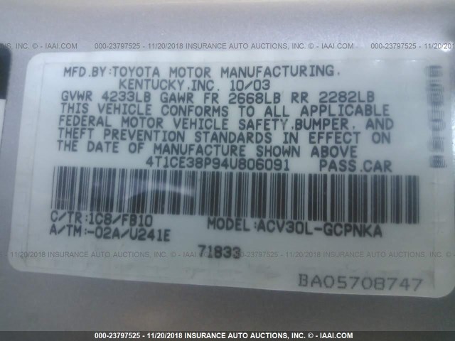 4T1CE38P94U806091 - 2004 TOYOTA CAMRY SOLARA SE/SLE ვერცხლისფერი ფოტო 9