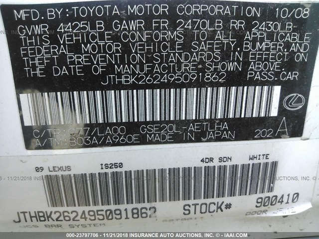 JTHBK262495091862 - 2009 LEXUS IS 250 WHITE photo 9