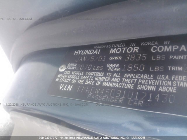 KMHDN45D91U121430 - 2001 HYUNDAI ELANTRA GLS/GT TURQUOISE photo 9