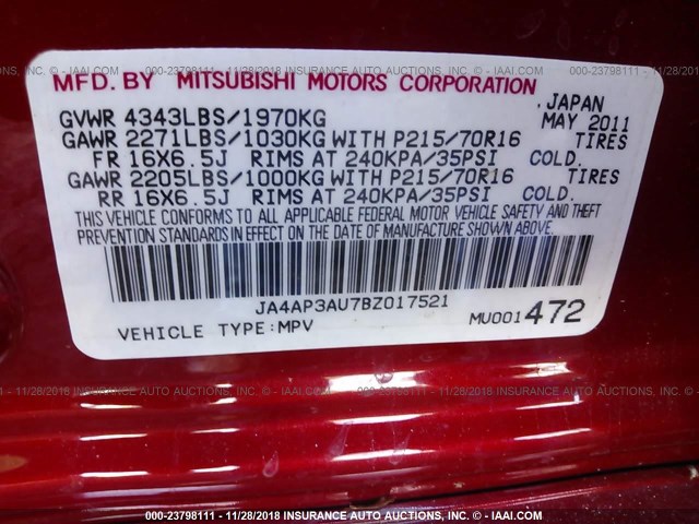 JA4AP3AU7BZ017521 - 2011 MITSUBISHI OUTLANDER SPORT ES MAROON photo 9