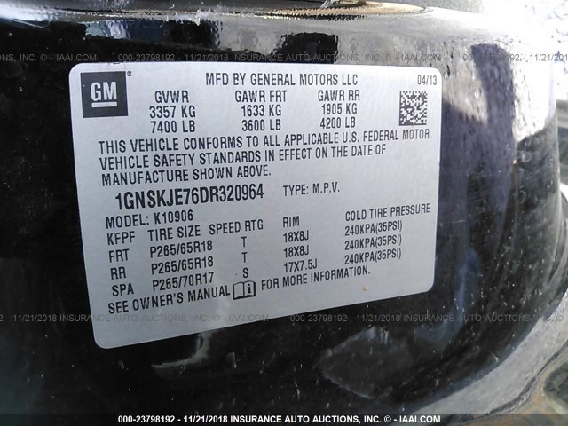 1GNSKJE76DR320964 - 2013 CHEVROLET SUBURBAN K1500 LT BLACK photo 9