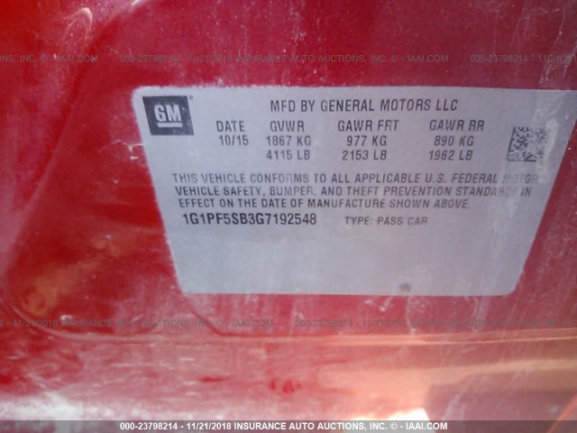 1G1PF5SB3G7192548 - 2016 CHEVROLET CRUZE LIMITED LT RED photo 9