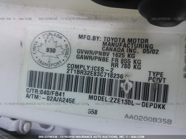 2T1BR32E83C718236 - 2003 TOYOTA COROLLA CE/LE/S WHITE photo 9