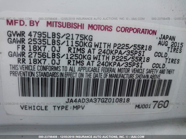 JA4AD3A37GZ010818 - 2016 MITSUBISHI OUTLANDER SE/SEL WHITE photo 9