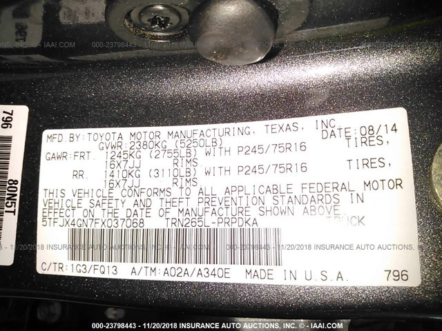 5TFJX4GN7FX037068 - 2015 TOYOTA TACOMA DOUBLE CAB PRERUNNER GRAY photo 9