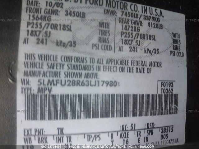 5LMFU28R63LJ17980 - 2003 LINCOLN NAVIGATOR Бежевый фото 9