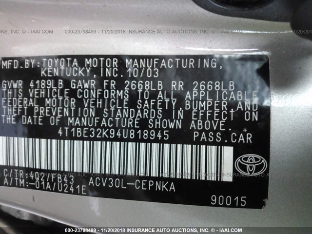 4T1BE32K94U818945 - 2004 TOYOTA CAMRY LE/XLE/SE GOLD photo 9