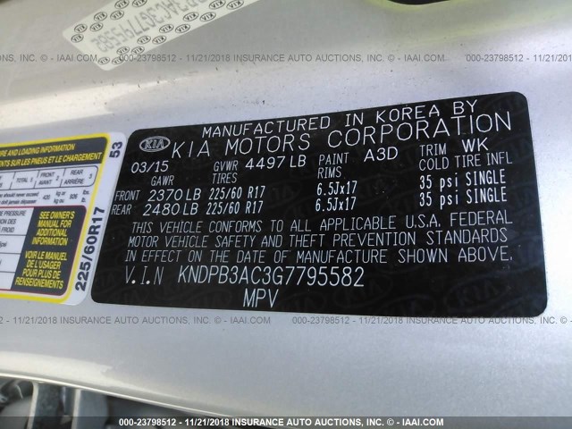 KNDPB3AC3G7795582 - 2016 KIA SPORTAGE LX SILVER photo 9