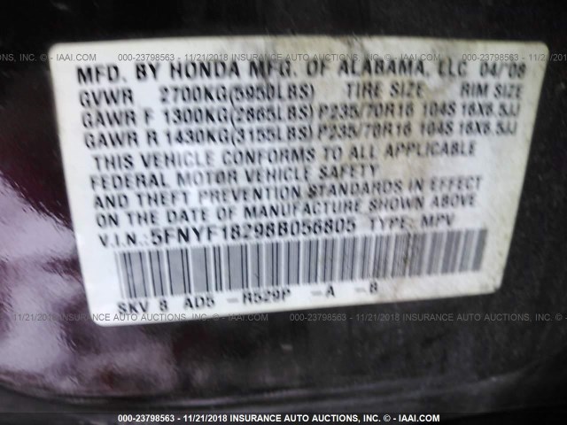 5FNYF18298B056805 - 2008 HONDA PILOT VP BURGUNDY photo 9