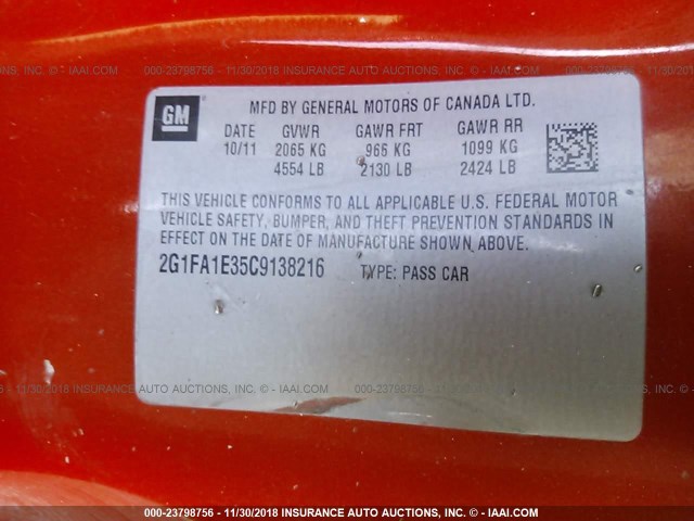 2G1FA1E35C9138216 - 2012 CHEVROLET CAMARO LS ORANGE photo 9