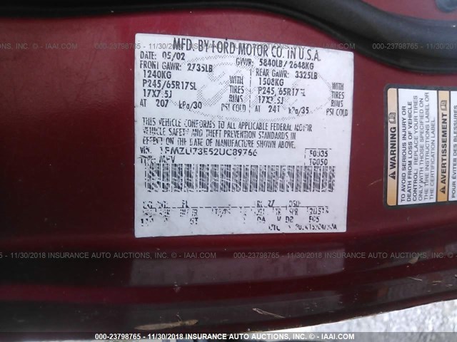 1FMZU73E52UC89766 - 2002 FORD EXPLORER XLT MAROON photo 9