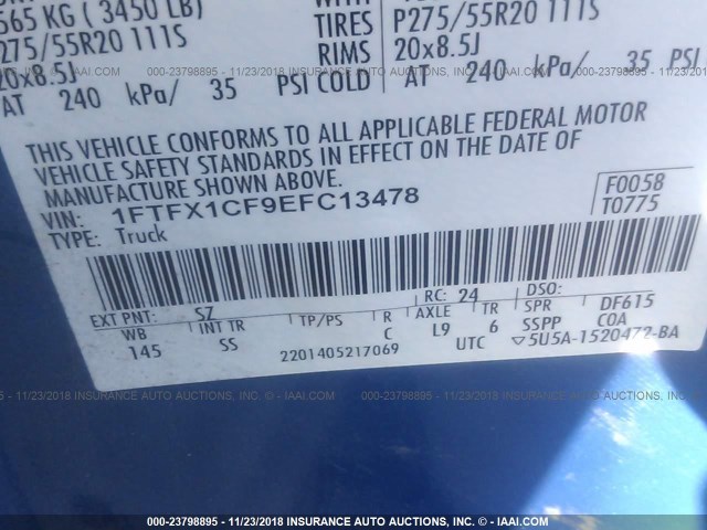 1FTFX1CF9EFC13478 - 2014 FORD F150 SUPER CAB BLUE photo 9