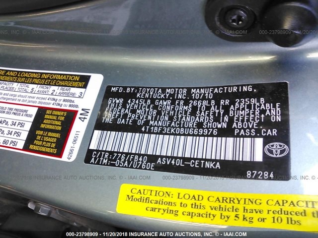 4T1BF3EK0BU669976 - 2011 TOYOTA CAMRY SE/LE/XLE GREEN photo 9