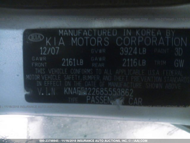 KNAFE122685553862 - 2008 KIA SPECTRA EX/LX/SX SILVER photo 9