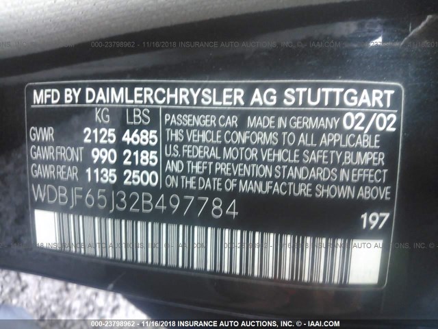 WDBJF65J32B497784 - 2002 MERCEDES-BENZ E 320 BLACK photo 9