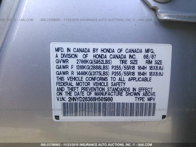 2HNYD28368H501980 - 2008 ACURA MDX TECHNOLOGY SILVER photo 9