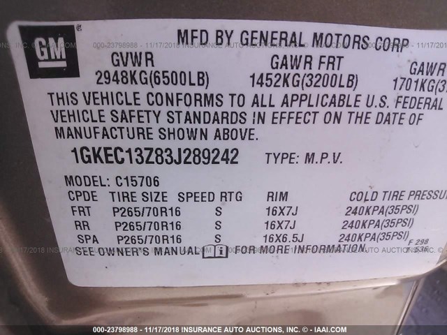 1GKEC13Z83J289242 - 2003 GMC YUKON TAN photo 9