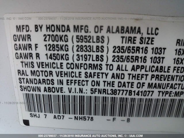 5FNRL38777B141077 - 2007 HONDA ODYSSEY EXL WHITE photo 9