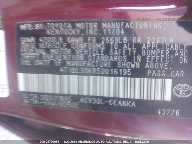4T1BE30K85U016195 - 2005 TOYOTA CAMRY LE/XLE/SE RED photo 9