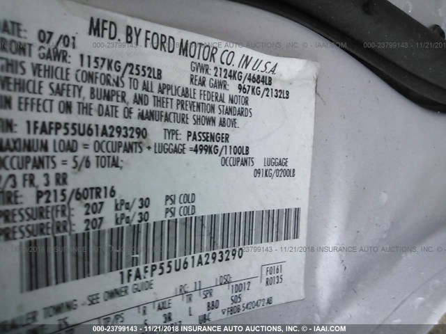 1FAFP55U61A293290 - 2001 FORD TAURUS SES SILVER photo 9