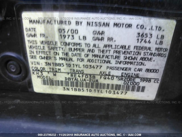 3N1BB51D1YL103477 - 2000 NISSAN SENTRA SE BLACK photo 9