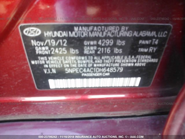 5NPEC4AC1DH648579 - 2013 HYUNDAI SONATA SE/LIMITED RED photo 9