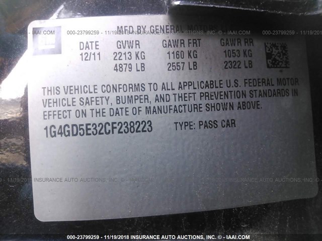 1G4GD5E32CF238223 - 2012 BUICK LACROSSE PREMIUM GRAY photo 9