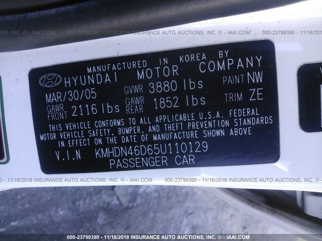 KMHDN46D65U110129 - 2005 HYUNDAI ELANTRA GLS/GT WHITE photo 9