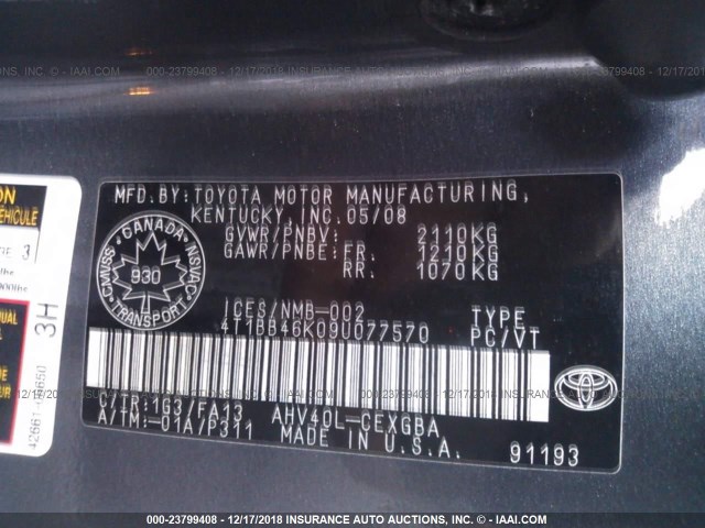 4T1BB46K09U077570 - 2009 TOYOTA CAMRY HYBRID GRAY photo 9